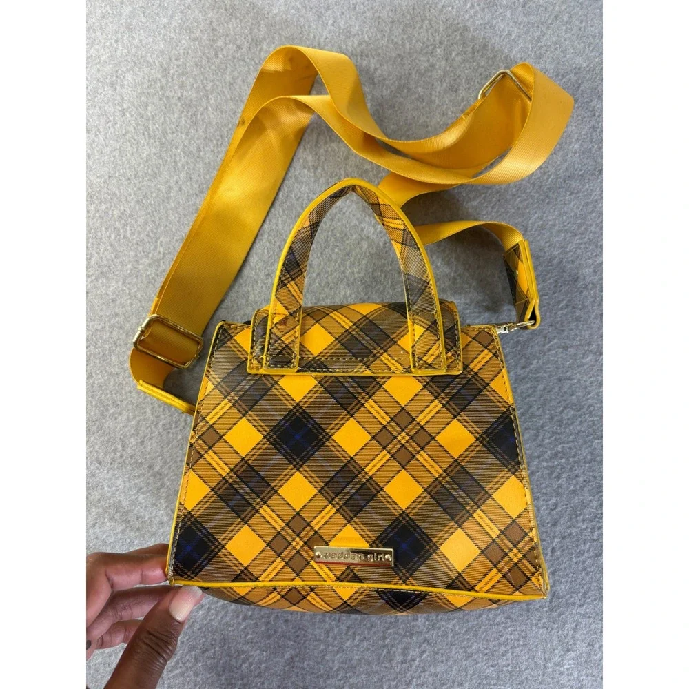 Yellow Plaid Crossbody Satchel Bag Gold Hardware Adjustable Strap Top Handle - Picture 10 of 16